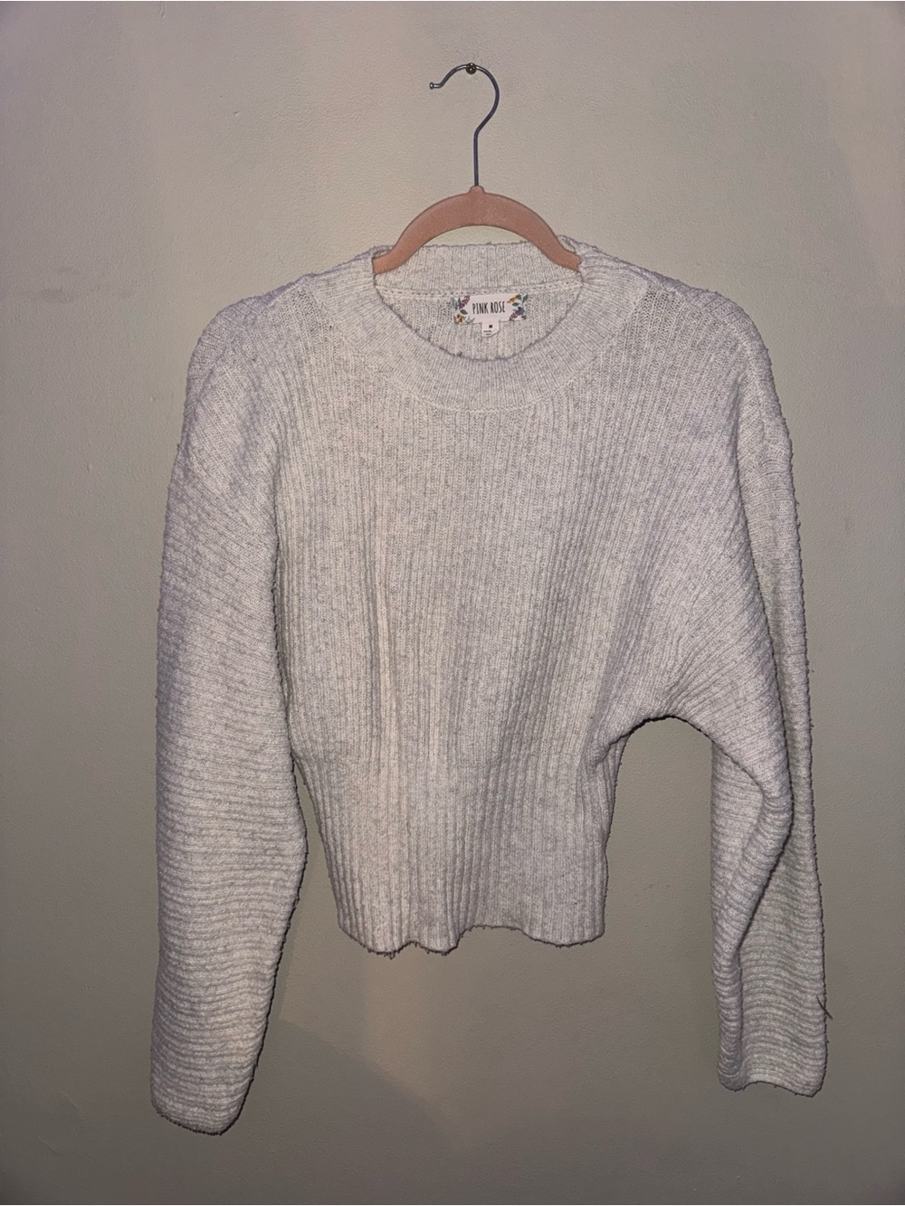 Pink Rose, light gray ribbed sweater, size medium